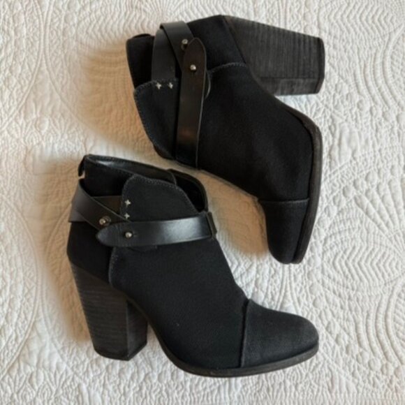 Rag Rag & Bone Harrow Black Canvas Leather Strap Ankle Booties Size 37 - Picture 3 of 12